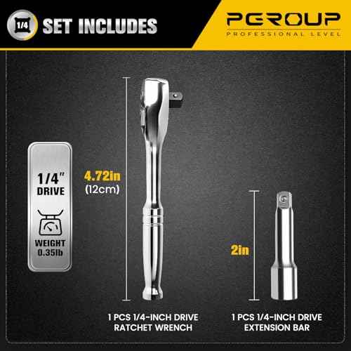 1/4-Inch Drive Ratchet Wrench, 90-Tooth Quick-release Reversible Ratchet Wrench with an Extension Bar(2 inch), 5" Long Socket wrench, 4-Degree Swing, Full Polished,Cr-Mo Head For Gifting,Repairing