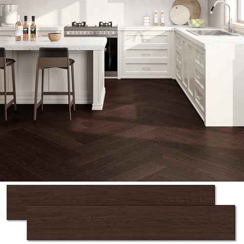 Peel and Stick Vinyl Floor Tiles Upgraded 0.07-Inch 36" x 6", 54 Sq. Ft. 36-Pack, Wood Look Waterproof Self-Adhesive Flooring Planks, DIY Flooring for Kitchen, Bathroom, Living Room, RV, Dark Brown