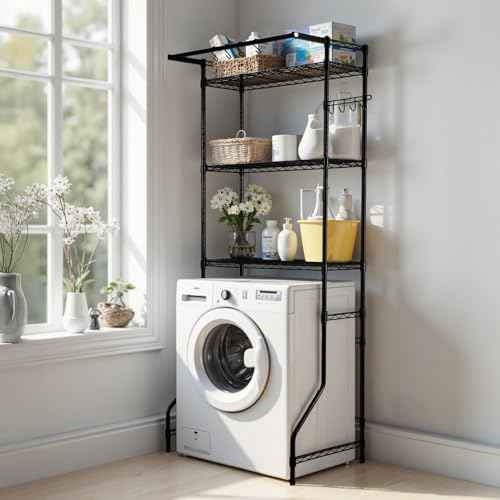 VEVOR Over The Washer and Dryer Storage Shelf, 3 Tier Laundry Room Drying Rack with Hanger Rod and Hooks, Adjustable Over Washer and Dryer Shelves, Laundry Room Shelf Storage Space Saver, Black