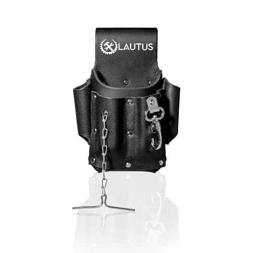 LAUTUS Electrician Full Top Grain Leather Tool Pouch; 5 Pocket Pouch with Electrical Tape Chain; Durable Compartments; Washer Rivets; Includes Metal Tool Clip; Black