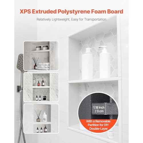 VEVOR Shower Niche, 16 x 28 x 4 inch Recessed Wall Niche with Movable Divider Shelf, Modern Soap & Shampoo Storage Organizer, Square Corners, Sealed Waterproof Design, Black for Bathroom Shower