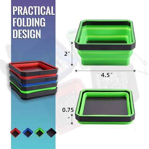 Collapsible Magnetic Parts Tray Set 4-piece, Insulating Silicone, Dual-sided Thickened Rare Earth Magnetic Base, Magnetic Foldable Tray for Screws, Nut, Bolts and Small Tools