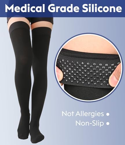 Thigh High Compression Stockings Closed Toe for Men & Women, Opaque, KEKING 15-20mmHg Graduated Compression Leg Support Hose with Silicone Band - Swelling, Varicose Veins, Edema, DVT, Black Small