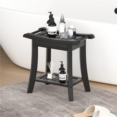 Bamboo Shower Bench Stool with Storage Shelf Small Shower Chair Seat for Inside Shower 19 x 10 x 18 Inches Black