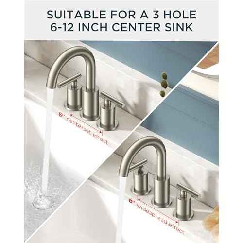 FORIOUS Brushed Nickel Bathroom Faucet 3 Hole with Metal Pop Up Drain and 24" Supply Hose, 2 Handle 8 Inch Widespread 3 Hole Vanity Faucet for Bathroom Sink Brush Nickel with 360¡Æ Swivel Spout