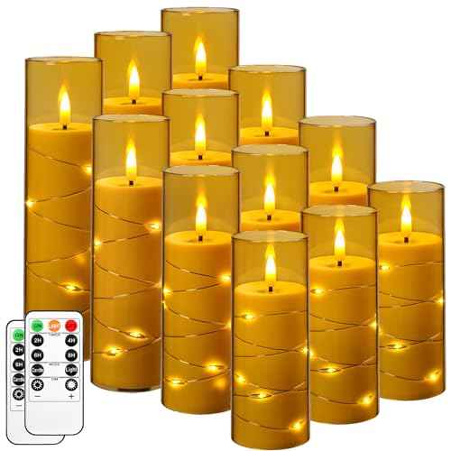 Da by Flameless Candles with Recessed String Light, Battery Operated Candles, Acrylic LED Pillar Candles with Remote Control and Timer, Golden, Set of 12