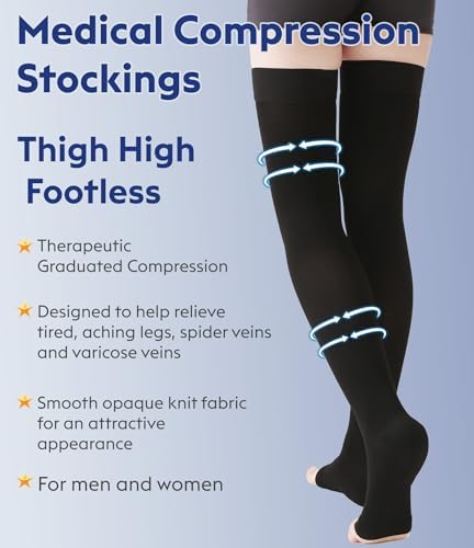 Thigh High Compression Stockings Toeless - Unisex, Opaque, KEKING 15-20mmHg Graduated Compression Leg Support Hose with Anti-Slip Silicone Band - Swelling, Varicose Veins, Edema, Travel, Black X-Large