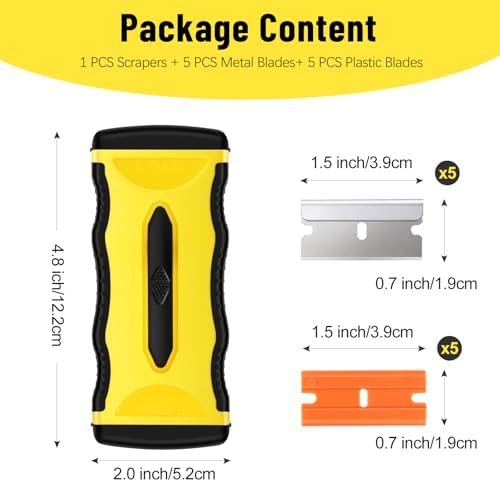 DEKEones Razor Blade Scraper, 1 Pack?2-in-1 Scraper Tool with 5Pcs Plastic Blades and 5 Pcs Metal Blades, Multifunctional Cleaning Razor Scraper for Stickers, Decals, Cooktop, Oven£¨Yellow£©