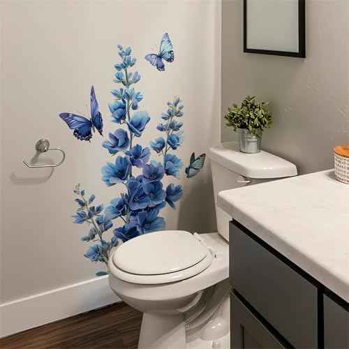 Blue Flower Butterfly Wall Stickers, sacinora Daisy Peony Violets Floral Art Wall Decals Removable Vinyl Peel and Stick for Bathroom Bedroom Home Decorations