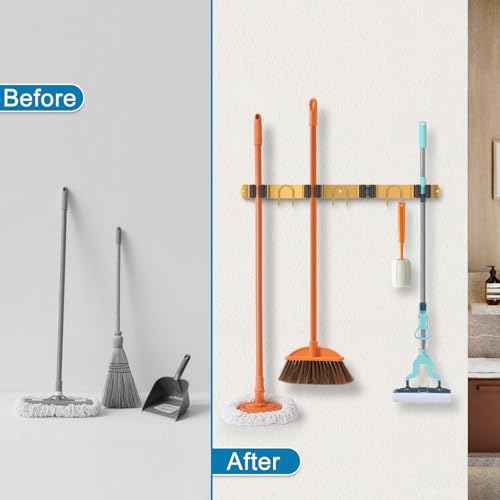 Mop Broom Holder Wall Mount, 2 Packs Gold Stainless Steel Tool Storage Organizer for Kitchen Garden Garage Laundry Room Bathroom and RV with 4 Slots 6 Hooks