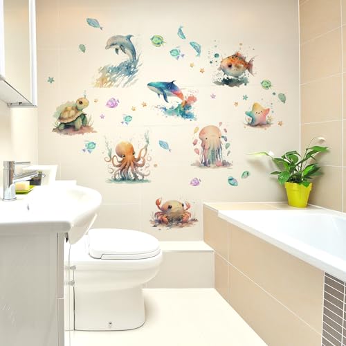 Runtoo Under The Sea Wall Decals Fish Turtle Jellyfish Ocean Sea Life Underwater Wall Stickers Bathroom Baby Nursery Kids Bedroom Wall Decor