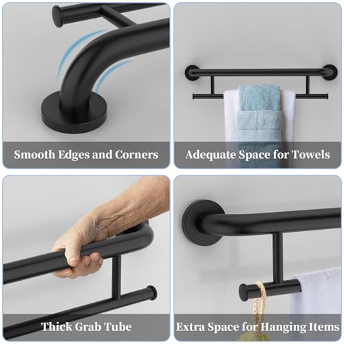 Matte Black Grab Bar 24 Inch w/Towel Holder, iHansee Stainless Steel Towel Rack Shower Support Balanced Support Handle, Wall Mount Safety Handrail Grab Rail for Elderly Senior Handicap Disabled