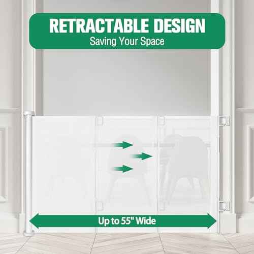 Retractable Baby Gates 55" Wide Retractable Dog Gate Indoor Mesh Baby Gate Retractable Gate Outdoor Dog Gate for Deck, Safety Gate Keeps Kids & Pets Contained, Stair Gate/Doorway Gate/Porch Gate/White