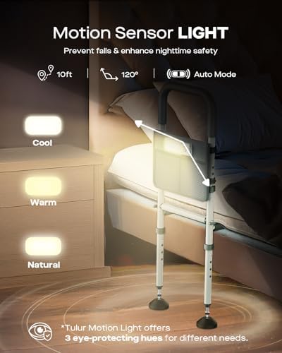 Bed Rails for Elderly Adults Safety, Adjustable Bed Assist Rail for Seniors with Motion Sensor LED Light & Storage Pocket, Non-Slip Handle Support Bar, Fits Twin/Full/Queen/King