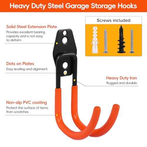 Donext Garage Hooks, 12 Pack Heavy Duty Steel Utility Hooks for Hanging, Wall Mount Garage Storage Hooks for Tools, Ladders, Bikes, Bulky Items, Orange