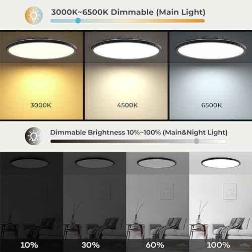 Matane 15.4in LED Flush Mount Ceiling Light Fixture with Remote, 2000K Warm Nightlight, Dimmable 3000K-6500K Low Profile Ceiling Lights for Bedroom, Living Room, 3600LM Black