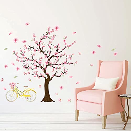 Cherry Tree Wall Sticker Cherry Blossom Tree Wall Decals Large Trees Sticker Peel and Stick Floral Trees Decals Pink Flower Stickers for Girls Room Bedroom Nursery