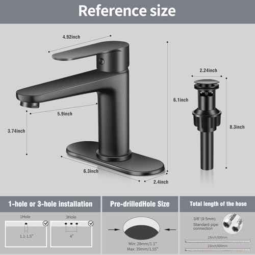 Black Bathroom Faucet Single Hole Single Handle 304 Stainless Steel Modern Sink Commercial RV Faucet with Pop-Up Waste for 1 or 3 Hole 4 Inch Vanity Bathroom Sinks