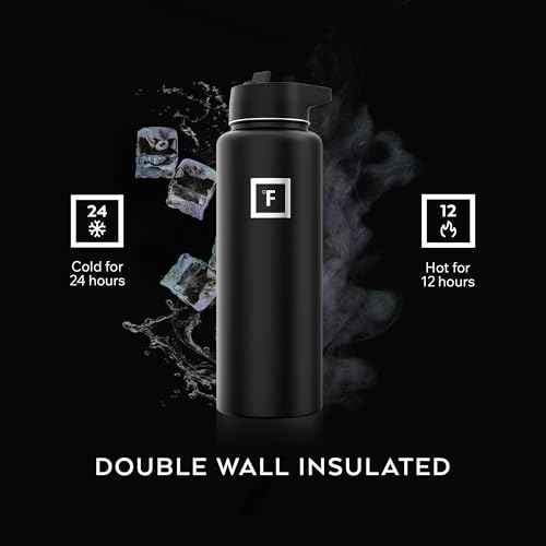 IRON ¡ÆFLASK Camping & Hiking Hydration Flask with 3 Lids - Stainless Steel, Double Walled & Vacuum Insulated Water Bottle - Leak Proof & BPA Free (Midnight Black, Straw - 40 oz)