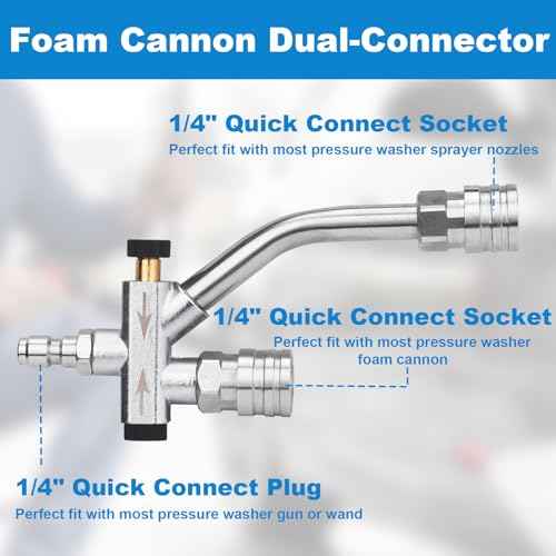 DUSICHIN Short Wand Pressure Washer Gun Foam Cannon 1/4" Quick Connector Pressure Washer Accessory,Car Wash Foam Gun Dual Ended Shift Connector 5 Pressure Washer Nozzles M22-14, M22-15 Brass Fittings