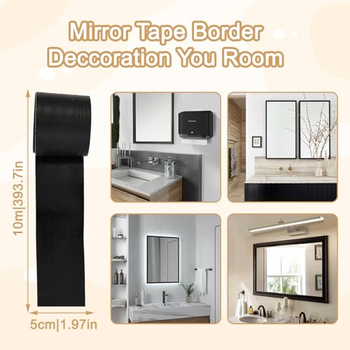 2-Pack 393" Black Wood Grain Mirror Frame Border Peel and Stick Wallpaper - Removable Waterproof PVC Wallpaper Border Peel and Stick Trim for Bathroom Mirror Frame, Cabinet, Ceiling & Tv Edges