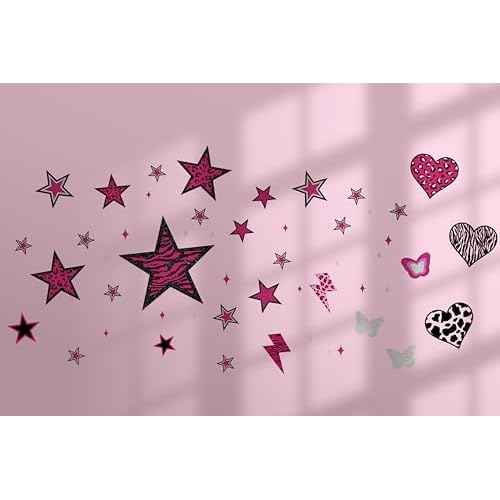 TwoDays 100PCS Y2K Room Decor Aesthetic Wall Decal, 2000s Mcbling Vinyl Peel and Stick Stickers for College Teen Girls Bedroom, Pink Stars Trashy Y2k Decorations for Women Apartment.