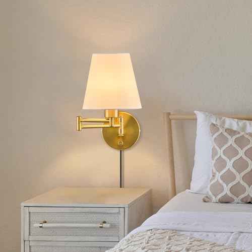VONLUCE Wall Sconce Set of 2, Plug in & Hardwired Swing Arm Wall Lamps, Adjustable Wall Mounted Lighting Fixtures, Modern Wall Lights with Golden Base White Fabric Shade for Bedside, Hallway, Study