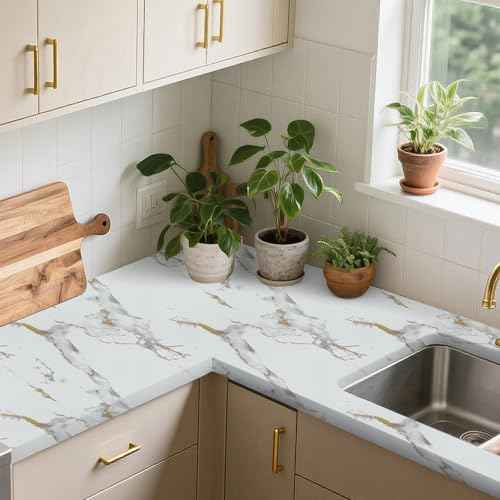 TANONE White Marble Contact Paper for Countertops Waterproof Wallpaper Peel and Stick for Cabinets Removable Matte Gold White Marble Vinyl Wrap for Kitchen Bathroom Counter 17.8"x 118"