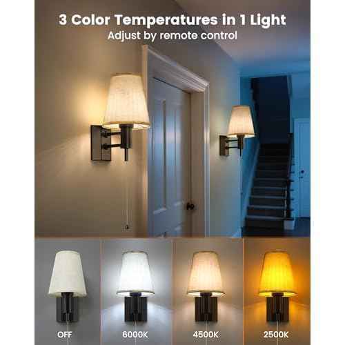 Rechargeable Battery Operated Wall Sconces Set of 2, Wireless LED Wall Lights with Remote & On/Off Pull Chain, Wall Mounted Lamp Lighting Fixture Decor for Bedroom Living Room, Matte Black