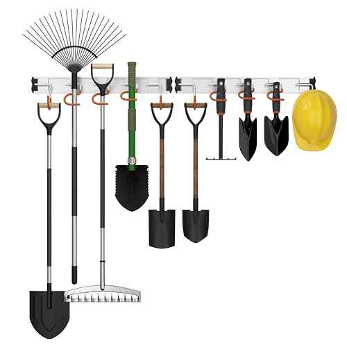 34.5'' Aluminum Alloy Garden Tool Organizer Wall Mount Garage Organizers and Storage with Hooks Tool Hangers for Shed Hooks for Shovel, Rake, Broom & More