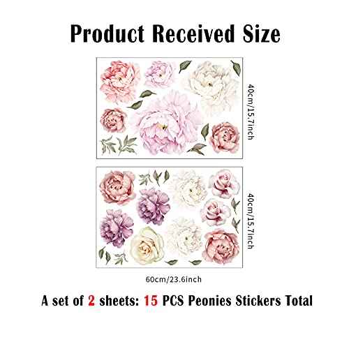 Large Floral Wall Decals, 15 Peonies Flower Set Stickers for Bedroom, Living Room, Nursery, Elegant Floral Decals for Home Decor, Boho Botanical Style