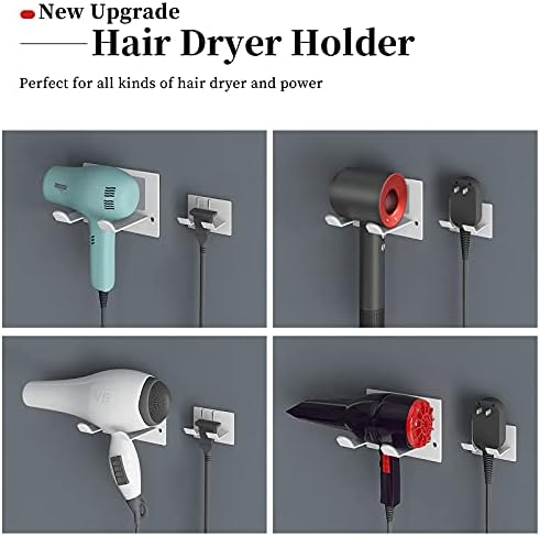 Self Adhesive Hair Dryer Holder Wall Mounted - Adhesive Bathroom Hair Blow Dryer Rack Organizer Compatible with Supersonic Hair Dryers (White)