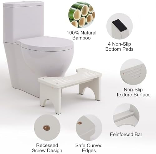 Wooden Squatting Toilet Stool for Adults, 6.7" Height Poop Stool Squat Adult, Non-Slip Potty Step Stool for Bathroom, Space-Saving Bamboo Pooping Stool, White