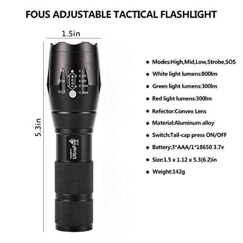 ULTRAFIRE A100 Tactical Flashlight, 800 Lumens 5 Modes LED Zoomable Hunting Flashlight Torch with Duty Belt Flashlight Holster, Red/Green/White Exchange Glass