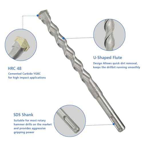 17Pcs SDS Plus Rotary Hammer Drill Bit Set,Concrete Drill Bit Kit with Point Chisel,Flat Chisel,Cross Type Double Thread Carbide Material for Concrete,Bricks,Tiles,Stone and Glass
