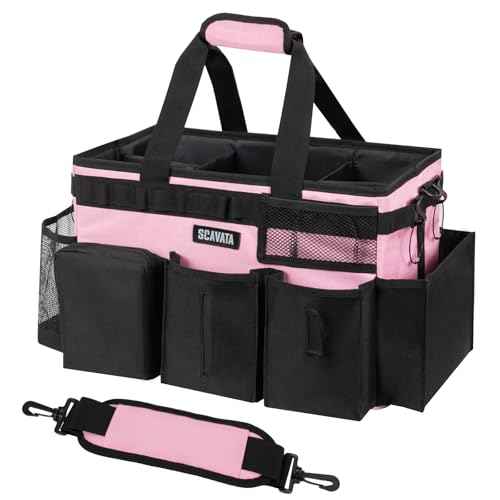 Wearable Cleaning Caddy Bag, Cleaning Caddy Supplies Organizer with Handle & Shoulder Straps for Housekeepers, Under Sink & Car Cleaning Tool Organizers with 4 Foldable Divider (SweetPink)