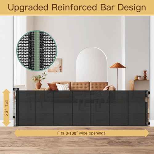 Reinforced Bottom 100 Inch Retractable Baby Gates Extra Wide Baby Gate for Large Openings, 8 ft Super Long Child Gates for Large Openings, Mesh Retractable Dog Gate for Doorways Extra Wide, Black