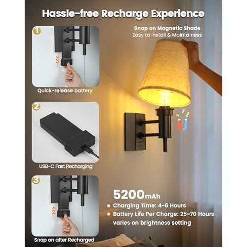 Rechargeable Battery Operated Wall Sconces Set of 2, Wireless LED Wall Lights with Remote & On/Off Pull Chain, Wall Mounted Lamp Lighting Fixture Decor for Bedroom Living Room, Matte Black