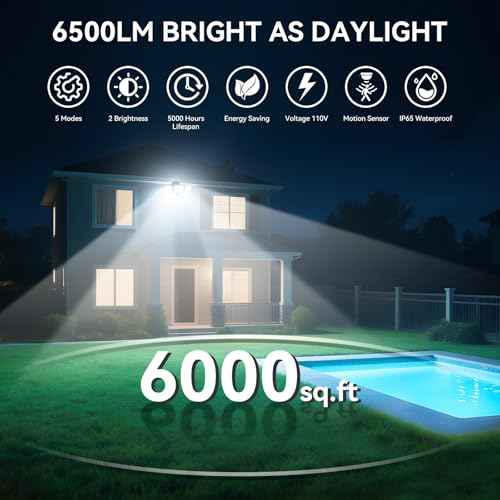 LED Security Lights Motion Sensor Outdoor Lights, 5000K Daylight, IP65 Waterproof, Dusk to Dawn, 3-Head Motion Detected Flood Light for Garage, Yard, Porch, 2Pack