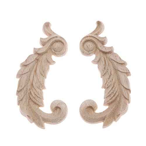Wood Carved Appliques Wooden Onlays, 1 Pair Unpainted Decorative Carving Furniture Decals Frame Decor for Door Wall Cabinet Dresser Fireplace Ceiling Bed Home DIY Project, 8.5x4.5cm/3.35"x1.77"
