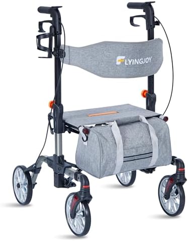 Lightweight Rollator Walker All-Terrain Ultra Compact One-Click Folding with seat and Adjustable Height backrest, 300 lbs Capacity, 8" Wheels for Seniors, Adults, bariatric, Includes Cane Holders