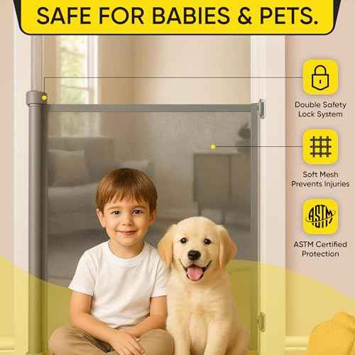 Retractable Baby Gate ? 35" Tall, 55" Wide Mesh Safety Gate for Dogs & Babies, Indoor/Outdoor Use for Stairs, Doorways, Hallways, Deck & Porch ? Easy One-Handed Wall Mount Design