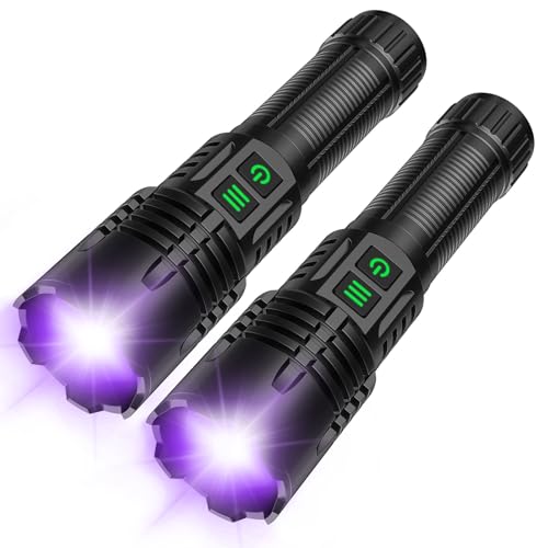 AdamStar UV&High Lumens Flashlight Rechargeable, 2-in-1 Powerful Blacklight LED Flashlight Tactical 6 Modes Super Bright Waterproof Zoomable Detector for Pet Urine Curing Resin Camping