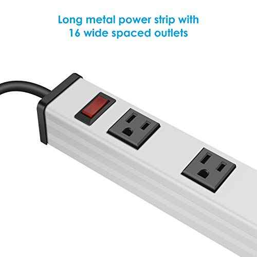 JUNNUJ Long Metal 16 Outlet Power Strip, Wide Spaced Garage Industrial Heavy Duty Power Strip with 15 FT Cord 15A, 125V, 1875W-Silver