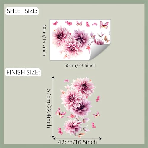 Pink Dahlia Flower Butterfly Wall Stickers, Daisy Peony Floral Art Wall Decals Removable Vinyl Peel and Stick Bathroom Living Room Bedroom Furniture Door Home Decorations
