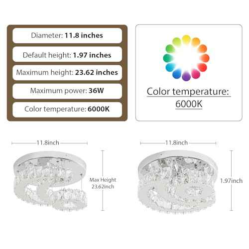 11.8 Inch Crystal Chandelier Flush Mount Ceiling Light Fixture, 2 Tier Height Adjustable (Max 23.62"), 36W LED Modern Chandeliers for Bedroom Kids Room Hallway (6000K, Star Moon Light)