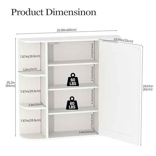 Bathroom Wall Cabinet, Medicine Cabinet with Mirror and Adjustable Shelves,White Wall Mounted Cabinet Over The Toile,3-Tier Wood Hanging Storage for Bathroom,Kitchen,Living,Laundry Room