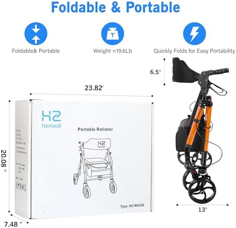 Walkers for Seniors with Seat, 8" Big Wheels Adult Lightweight Rollator with Backrest, Dual Adjustable Height Foldable Aluminium Medical Rolling Walker with Brakes| Deep Orange