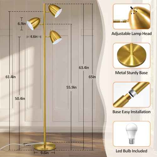 Tree Floor Lamp with 3 Light Bulbs Standing Tall Pole Lamps with Adjustable Metal Heads 65"Reading Stand up Lamps with E26 Base Modern Floor Lamps for Living Rooms, Bedrooms, Home, Office(Gold)