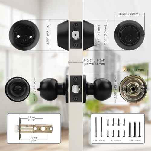 Knobonly Entry Door Knobs and Double Cylinder Deadbolt, Keyed Alike Door Handle Set with Same Keys, Combo Pack for Front Doors-Keyed on Both Side, Matte Black Finish, Contractor Pack of 3 Set